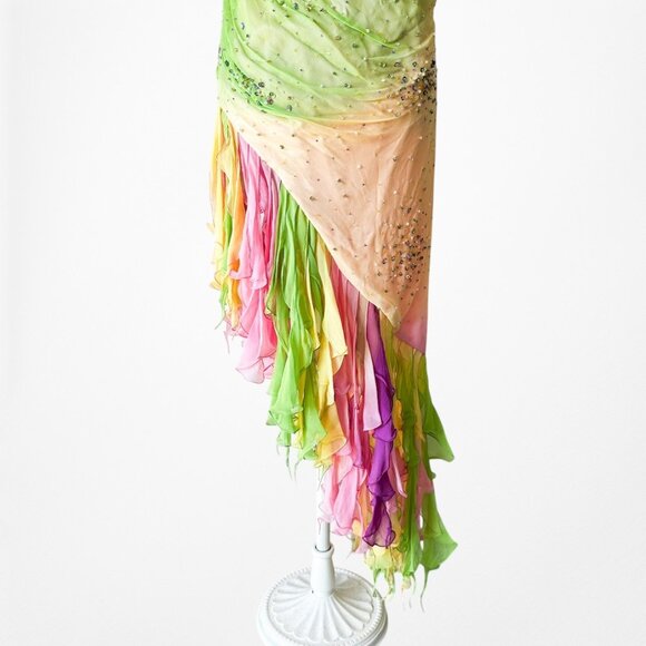 Vintage Pink Strapless Beaded Ruffle Asymmetric High Low Midi Prom Dress Size M - Picture 12 of 14